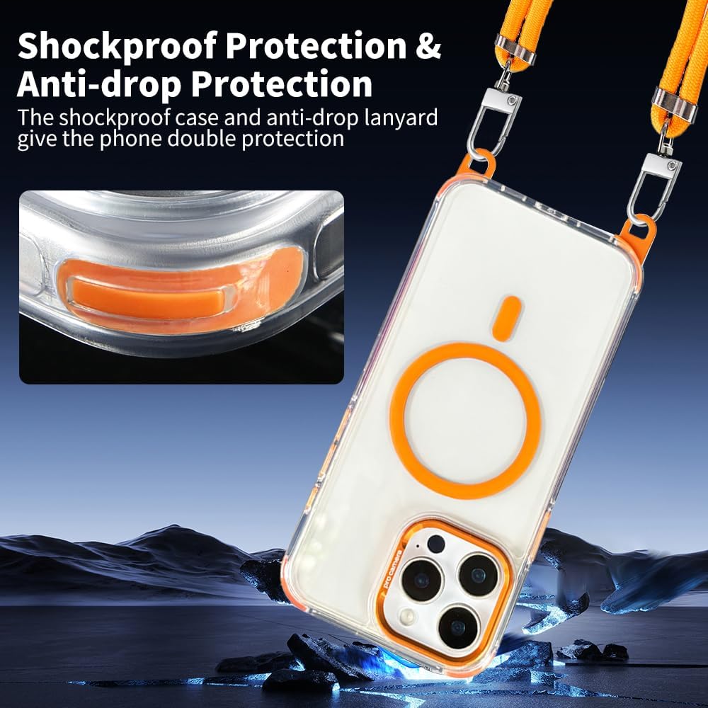 Cases for iPhone 16 Pro with 62.99 inch Lanyard Strap, Compatible with MagSafe, Classic Clear&Orange Phone Cover Non-Yellowing, Hands-Free Phone Case Drop&Shockproof, Adjustable Phone Lanyard