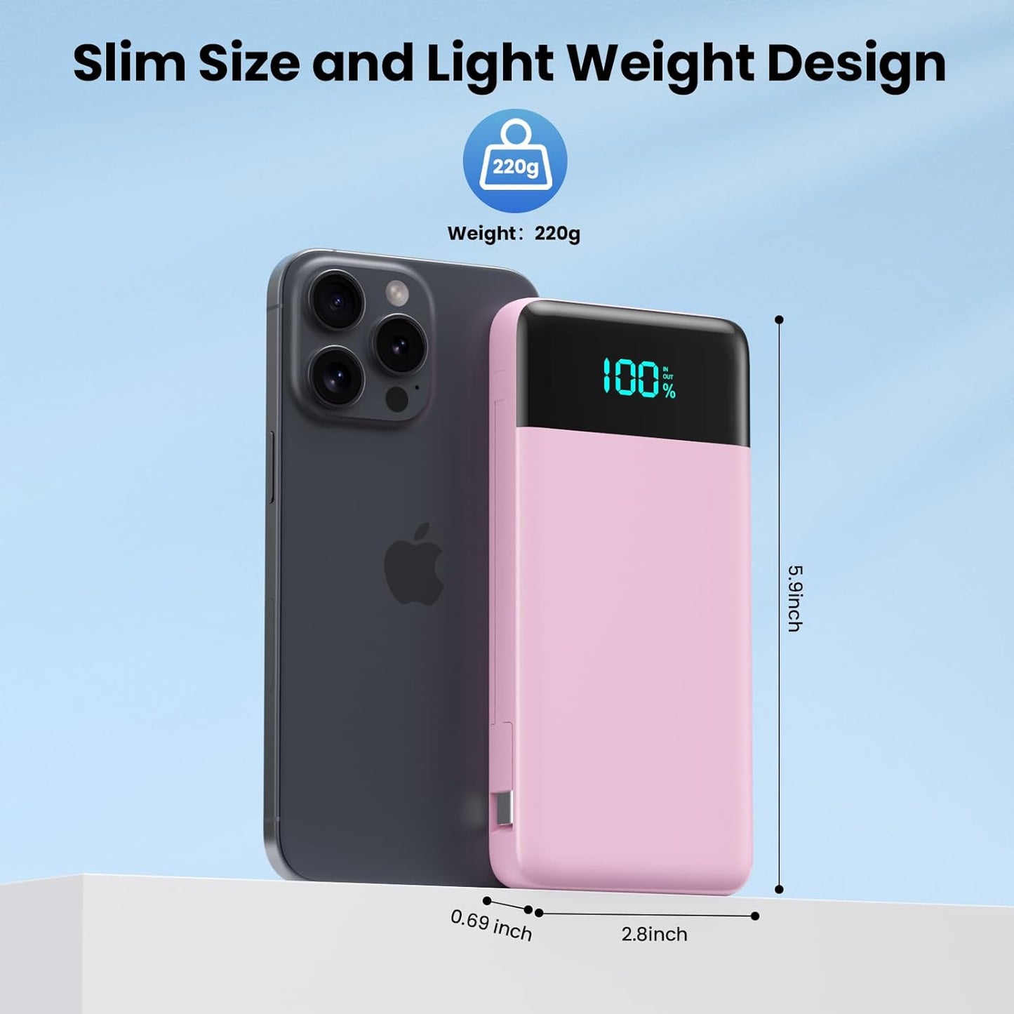 Portable Charger for iPhone with Built in Cables and Wall Plug,Upgraded 13800mAh Fast Charging USB C Power Bank,4 Outputs Travel Essential Battery Pack Compatible with iPhone 15/14/13/12,Samsung-Pink