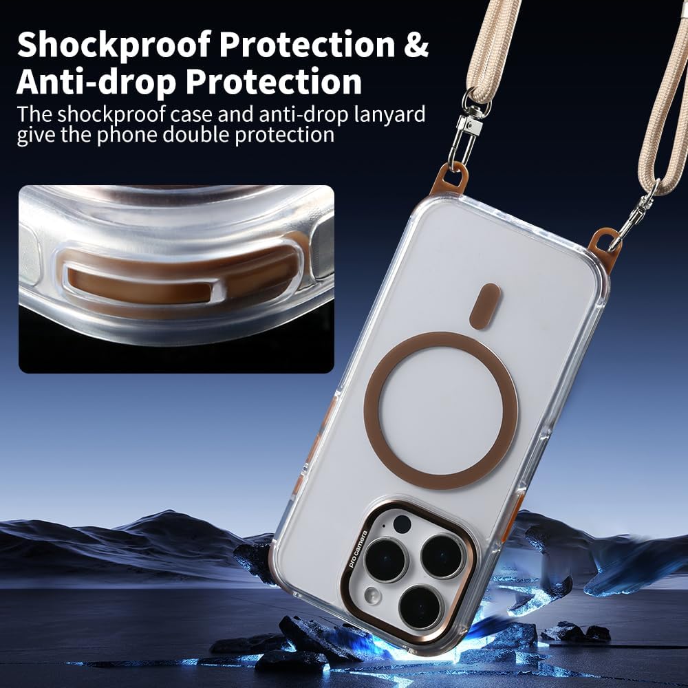 for iPhone 15 Pro Case with 62.99 inch Lanyard, Compatible with MagSafe, Shockproof Military-Grade Protection, Yellowing Resistant, Adjustable Strap Magnetic Phone Case, Classic Clear&Brown