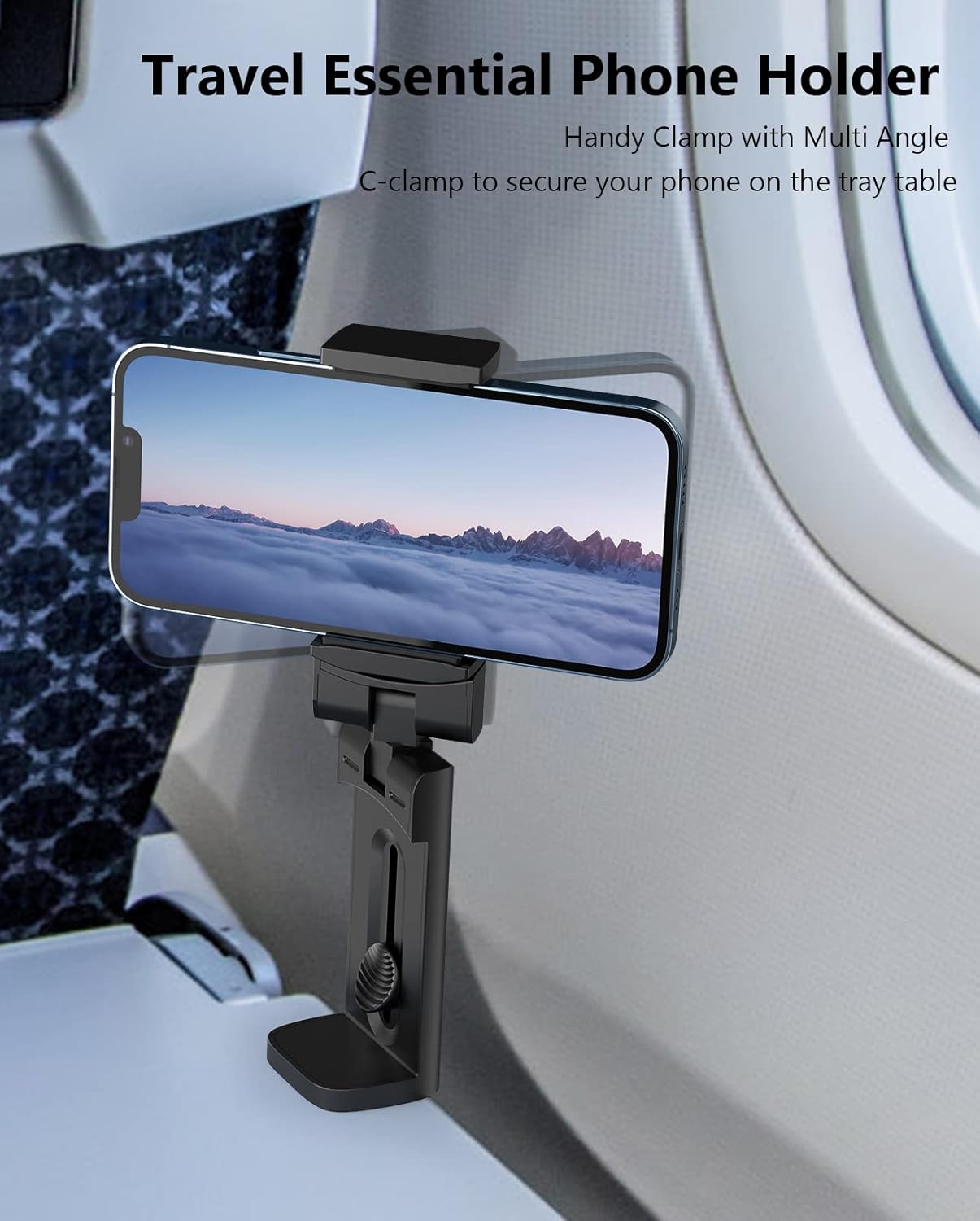 MiiKARE Airplane Travel Essentials Phone Holder, Universal Handsfree Phone Mount for Flying with 360 Degree Rotation, Accessory for Airplane, Travel Must Haves Phone Stand for Desk, Black&Black