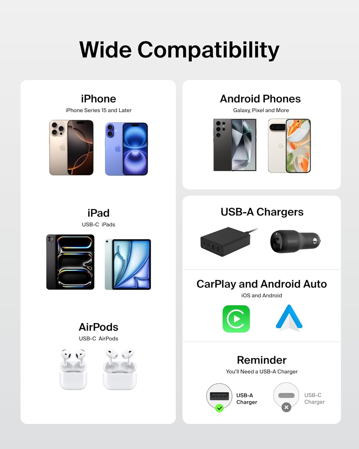 Belkin USB A to USB C Cable 2-Pack, 3.3ft, 15W - Type C Charger, iPhone Charger Cord, Soft, Braided, Flexible for iPhone 16 & 15, Galaxy S25, Pixel 9, iPad Pro, Airpods Pro, Switch & More - White