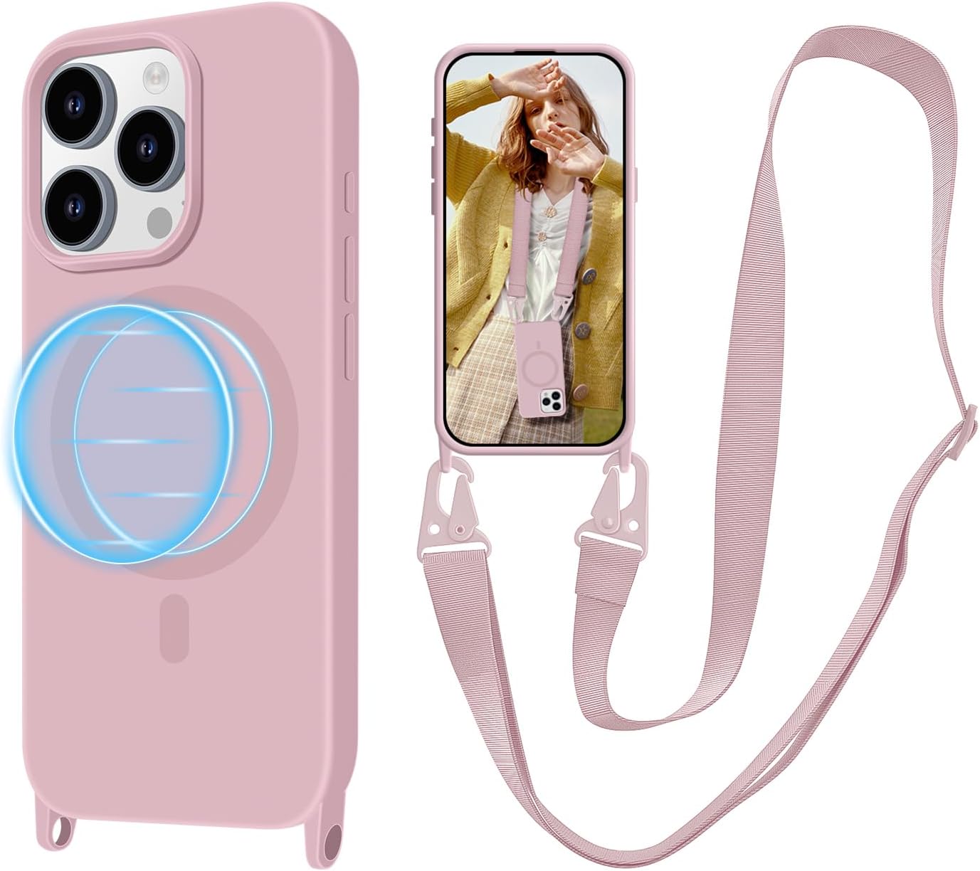 for iPhone 15 Pro Case with Lanyard [Compatible with MagSafe], Crossbody Phone Case with Neck Strap Adjustable, Magnetic Phone Cover for iPhone 15 Pro 6.1'' Pink