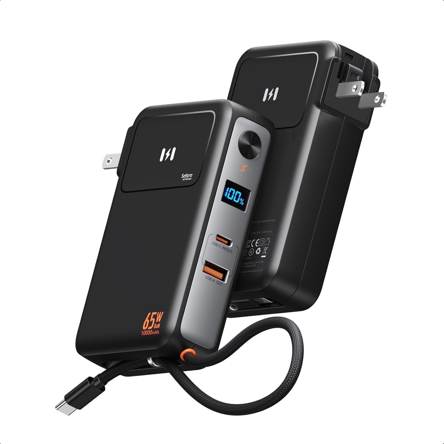 Fast Charging Portable Charger Power Bank 10,000mAh PD35W USB-C Battery Pack with 65W GaN Wall Charger, Built in USB C Cable for iPhone 16/1514/13 Series, Laptop, Samsung, Pixel, MacBook, Dell
