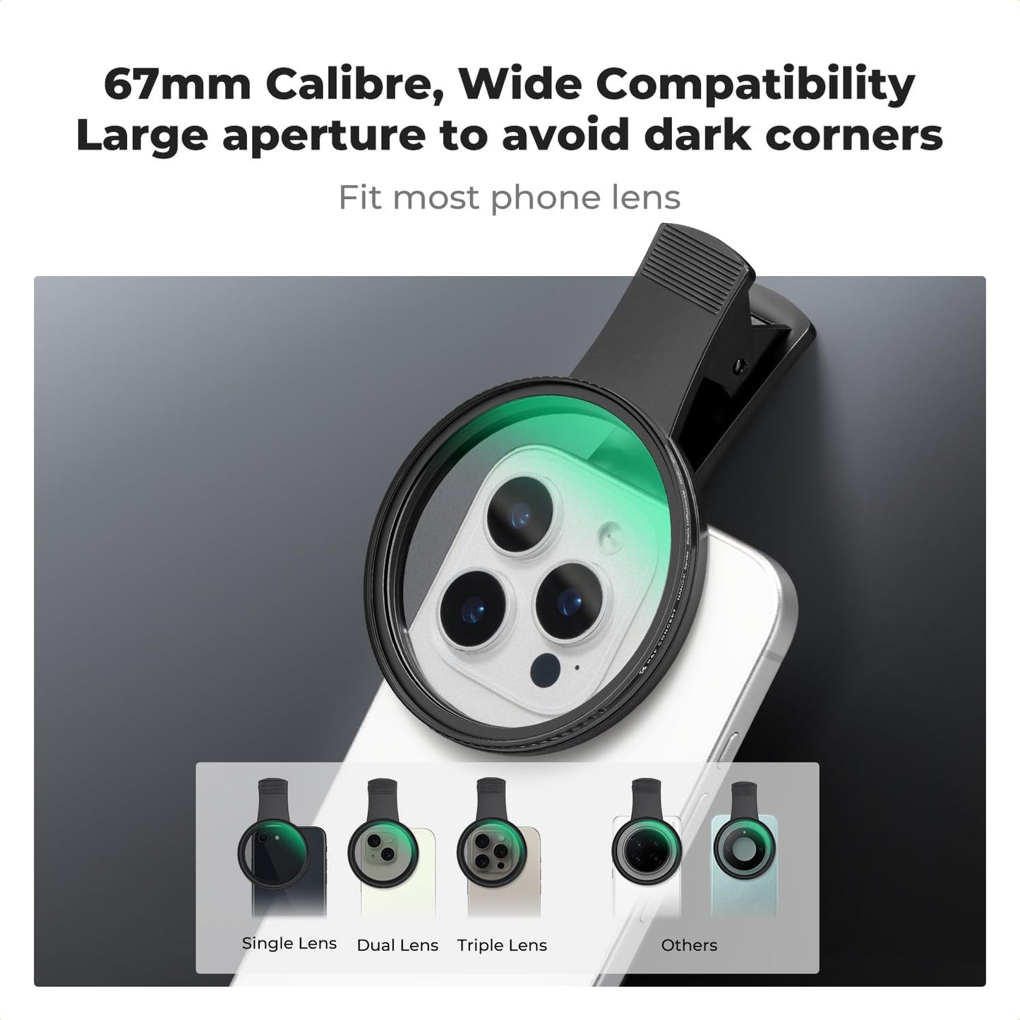 K&F Concept 67mm Clip-on Black Diffusion 1/4 Phone Camera Lens Filter Kit, Mist Cinematic Effect Filter Compatible with iPhone 16 15 14 13 12 11, for Video/Vlog/Portrait Photography