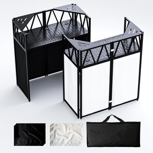 Portable DJ Booth Table,Foldable DJ Table Stand Portable with White & Black Scrim,Adjustable DJ Facade Table Station Triangle Plate Metal Frame DJ Table with Cable Hole for Private Events, Clubs, Bars
