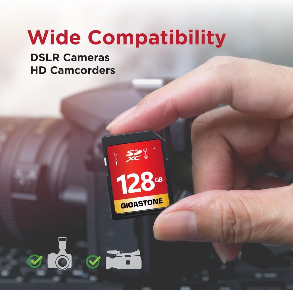 GIGASTONE 128GB SD Card UHS-I U1 Class 10 SDXC Memory Card Full HD Video for Canon Digital Camera, Full-Sized SD Card, with 1 mini case