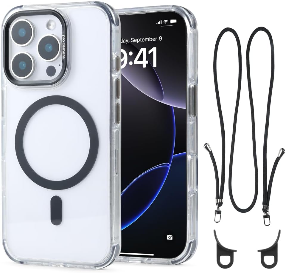 for iPhone 16 Pro Max Case with 62.99 inch Lanyard, Classic Clear&Black Magnetic Phone Case, Drop&Shockproof Protection Cases, Phone Holder Lanyard, Compatible with Magnet Accessory