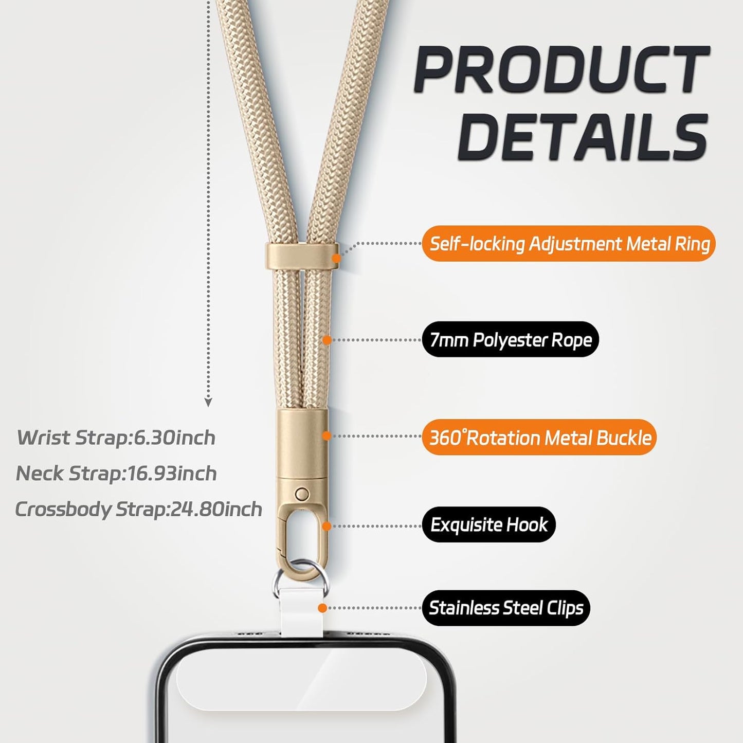 3 Pack Phone Lanyard,1×Phone crossbody strap,1×Phone Neck Strap,1×Wrist Strap,3×Tether Tabs,Universal Cell Phone Multifuctional Patch Polyester Lanyards(Light Camel)