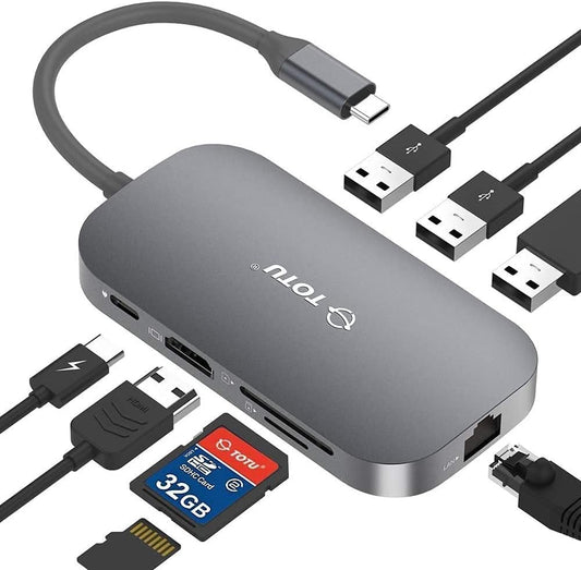 USB C Hub, 9-in-1 Type C Hub with Ethernet Port, 4K USB C to HDMI, 2 USB 3.0 Ports,1 USB 2.0 Port, USB-C Power Delivery, Portable for Mac Pro and Other Type C Laptops