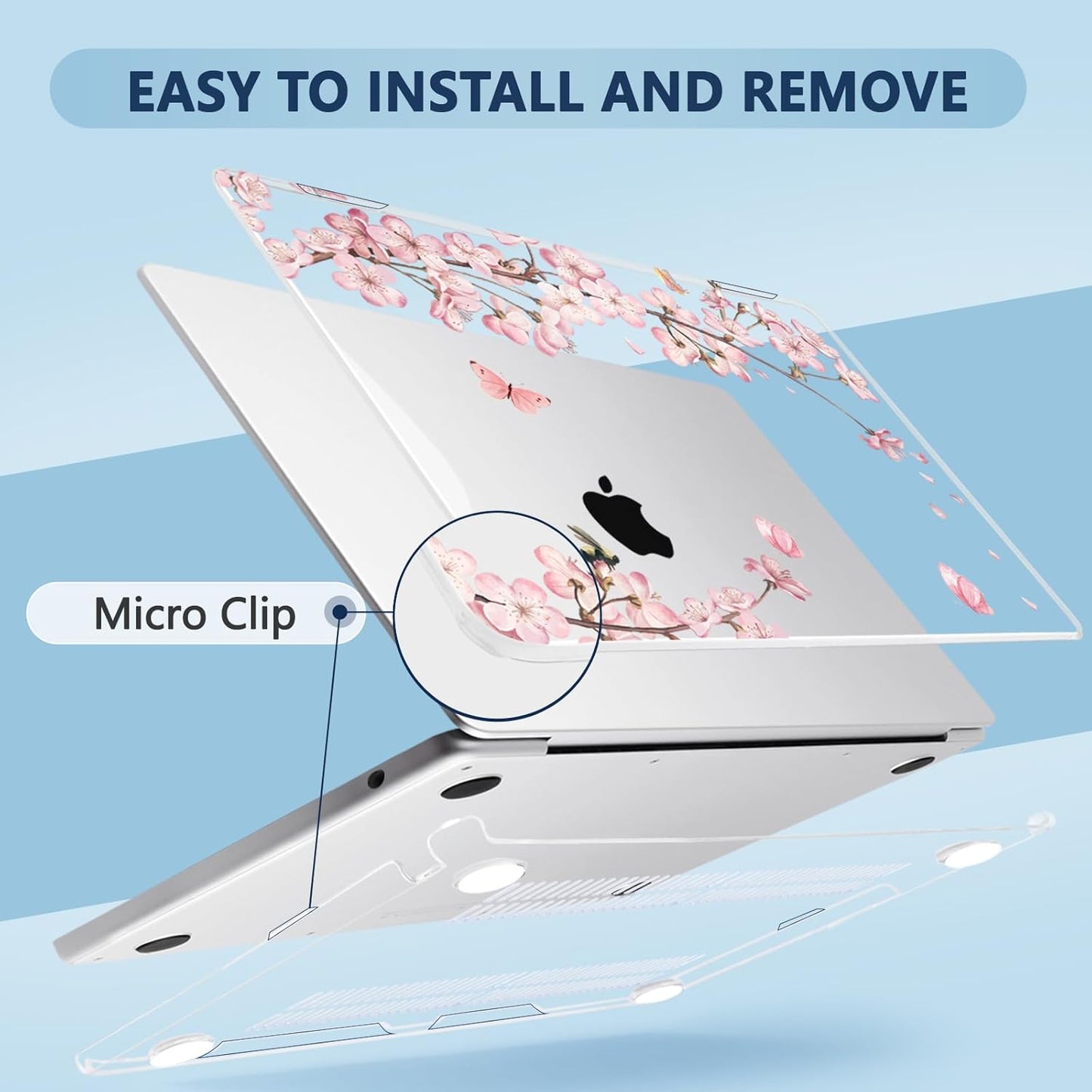 Compatible with MacBook Air 15 inch Case, M4 A3241/M3 A3114/M2 A2941 (Released 2025 to 2023), Hard Shell, Keyboard Cover, Screen Protector, Webcam Cover & Type-C Adapter, Butterflies Sakura