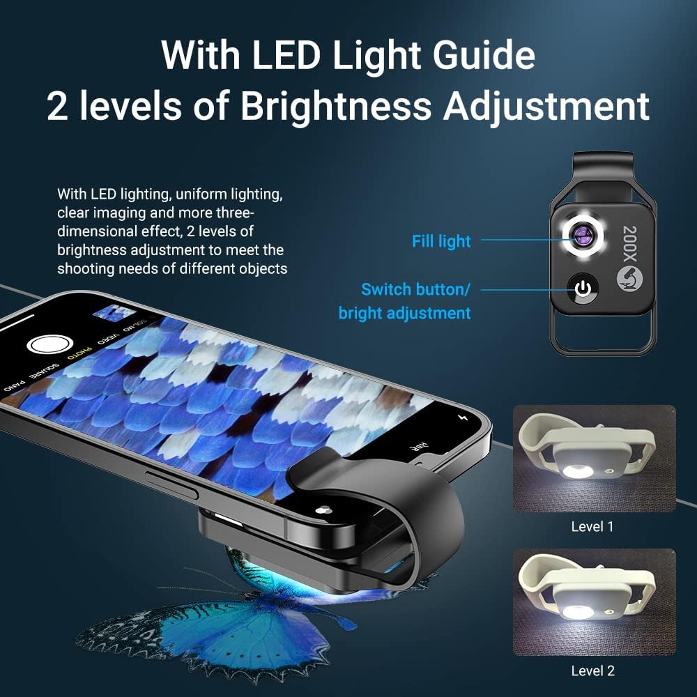 200X Magnification Microscope Lens withCPL Mobile LED Light Micro Pocket Macro Lenses for iPhone Samsung All Smartphones (Black Without CPL)