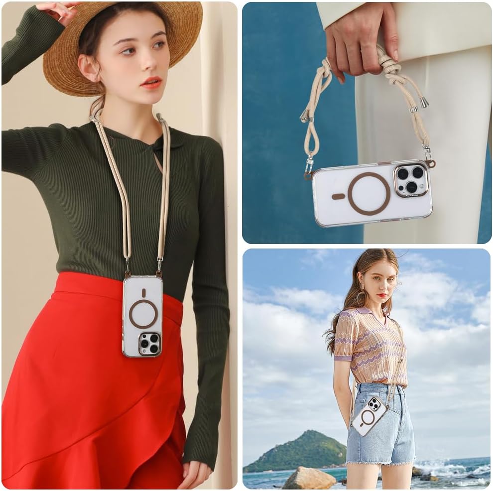 for iPhone 16 Pro Case with 62.99 inch Lanyard, Classic Clear&Brown Magnetic Phone Case, Drop&Shockproof Protection Cases, Phone Lanyard for Around The Neck, Compatible with Magnet Accessory