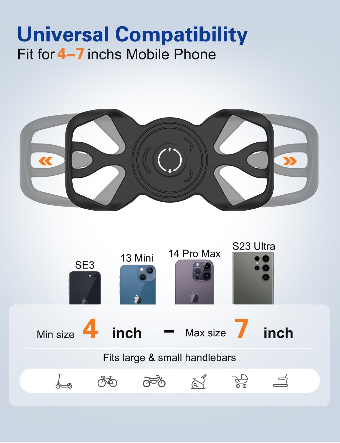 Bike Phone Holder, Motorcycle Cell Phone Mount- 360° Rotatable, Silicone Bicycle Phone Mount for Motorcycle Bicycle Scooter, for 15 Pro Max / 14/13, S10 and More 4.7-6.8" Phone"