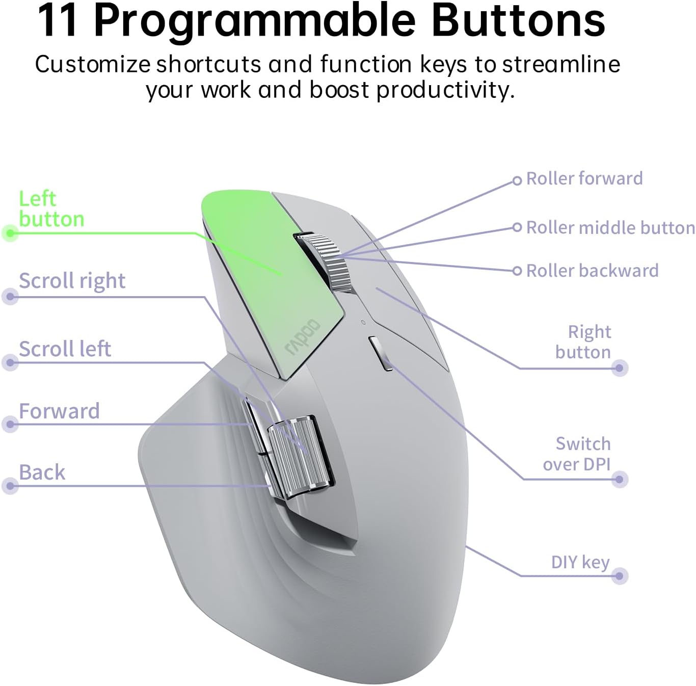 Rapoo MT760 Multi-Device Wireless Mouse, Bluetooth 5.0 and 2.4G Multi-Mode Connection, Up to 4 Devices, 11 Programmable Buttons, 4K DPI, 90 Days Battery Life, PC, Light Grey