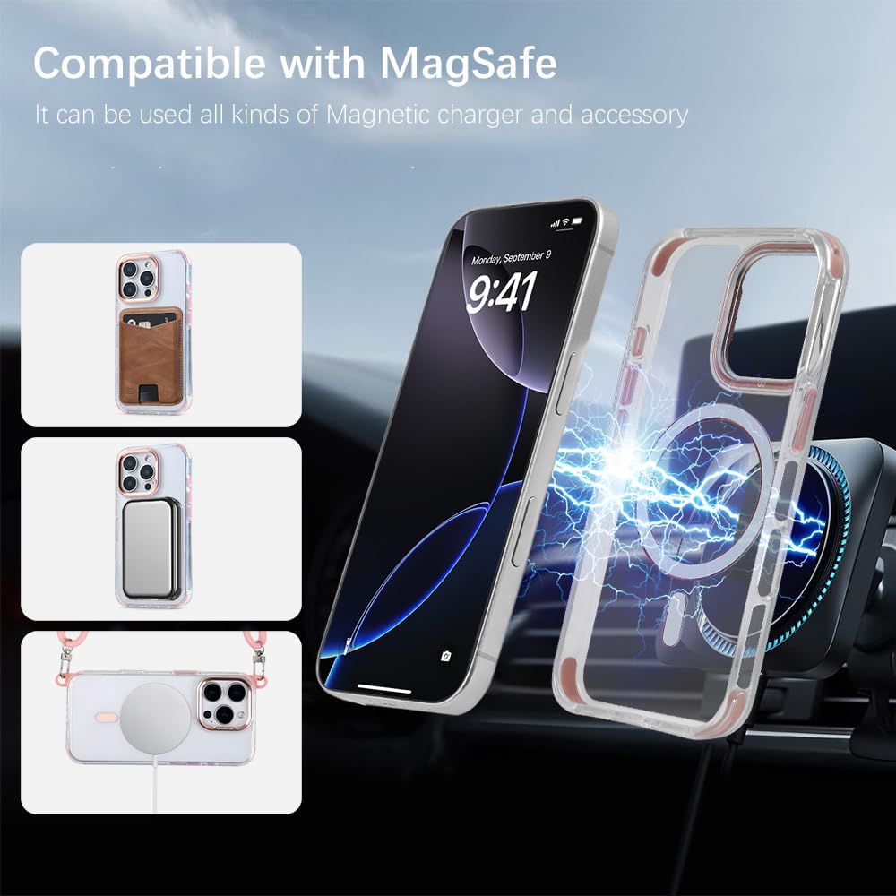 for iPhone 16 Pro Case with 62.99 inch Lanyard, Classic Clear&Pink Magnetic Phone Case, Drop&Shockproof Protection Cases, Phone Lanyard for Around The Neck, Compatible with Magnet Accessory