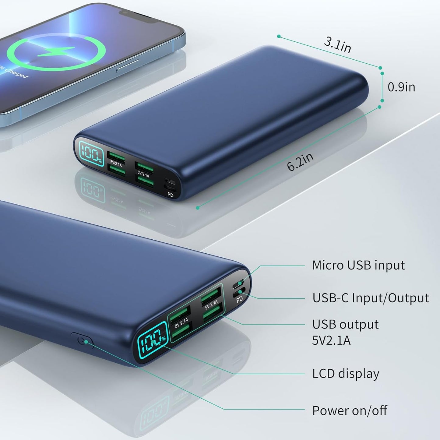 Portable Charger 38800mAh,LCD Display Power Bank,5 USB Outputs Battery Pack Backup,USB-C in&out Dual Input Phone Charging Compatible with iPhone 16/15/14/13 Pro,Android Samsung Galaxy Pixel Nexus-Blue