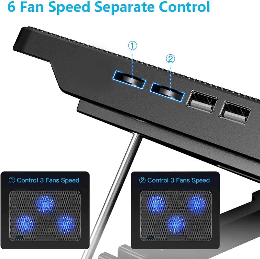 LIANGSTAR Laptop Cooling Pad, Laptop Cooler with 6 Quiet Fans for 12-17 Inch Notebook Gaming Fan Stable Stand, 7 Height & Wind Speed Adjustable, 2 USB Port & Phone Holder (Black)