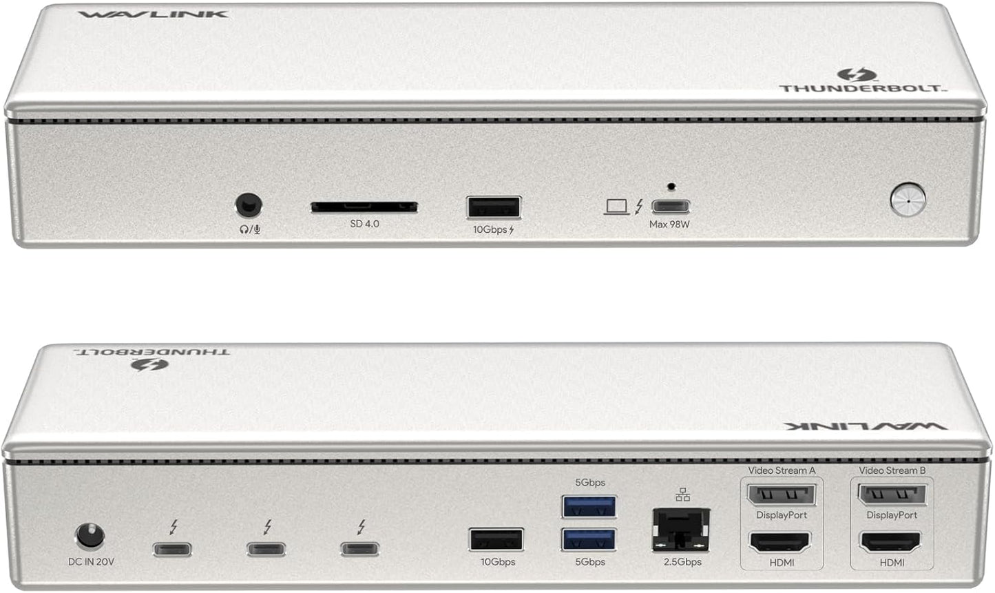 WAVLINK Thunderbolt 4 Dock with 100W Charging, Displaylink Docking Station Quad 4K@60Hz Monitor,3 Thunderbolt 4 Ports, 2.5G Ethernet, Thunderbolt Dock for Mac M1-M4 and PC,Displaylink Driver Required