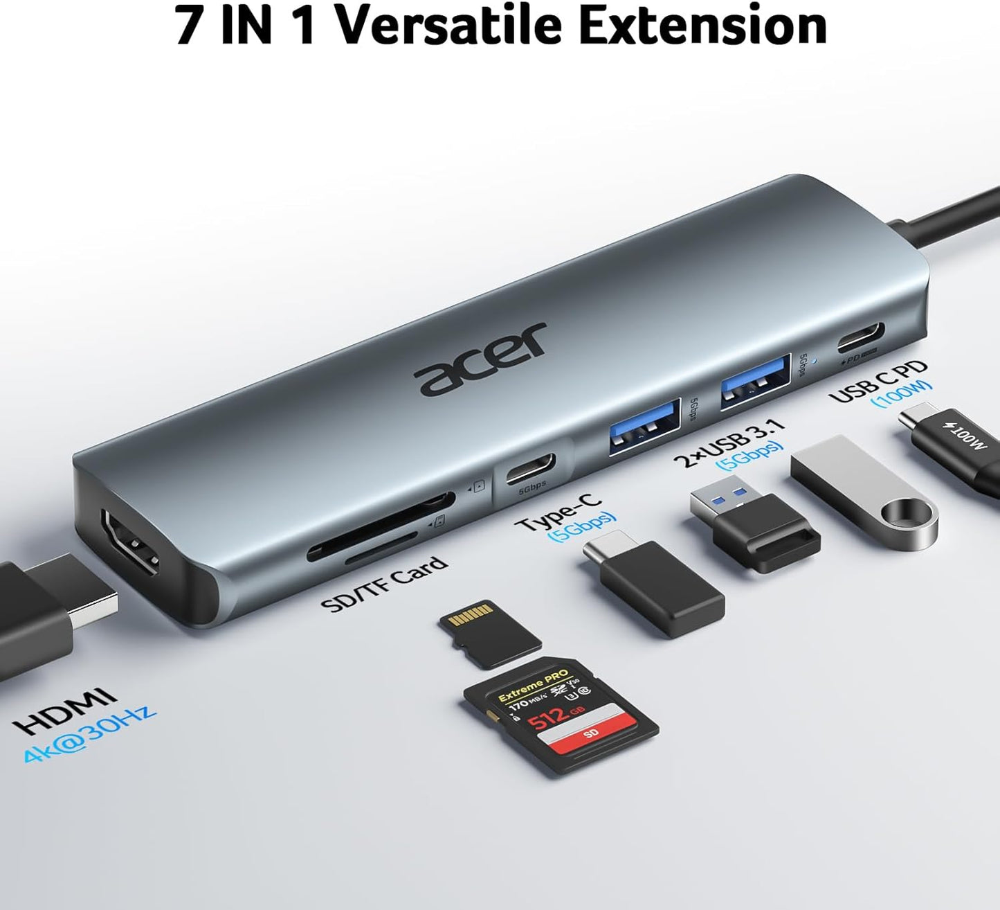 Acer USB C Hub, 7 in 1 USB C to Multi-Port Adapter for Laptop, 4K USBC to HDMI Splitter with 2 USBA 3.1&Type-C Data Port, PD 100W Charging Port, SD Card Reader for Computer, Desktop and More