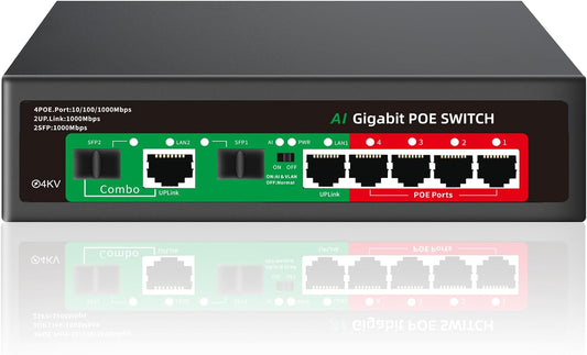 STEAMEMO 8 Port Gigabit Ethernet Unmanaged PoE Switch, 4 Gigabit PoE+ @65W Built-in Power, 2 Uplink Gigabit Port + 2 SFP Slot, VLAN Mode, 802.3af/at, Desktop/Wall-Mount, Plug & Play