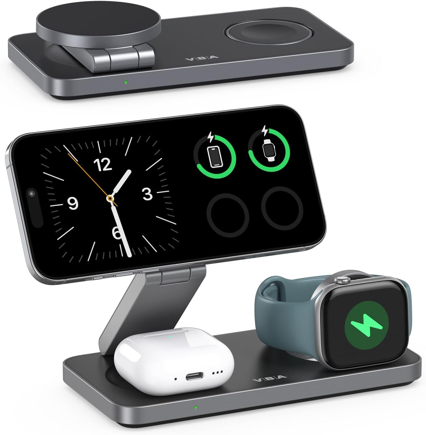 VBA 3 in 1 Wireless Charging Station for Apple MagSafe Charger,Foldable Fast Charging Magnetic Wireless Charger Stand,Travel Charger for iPhone 16 15 14 13 12,Apple Watch,AirPods Pro(Black)