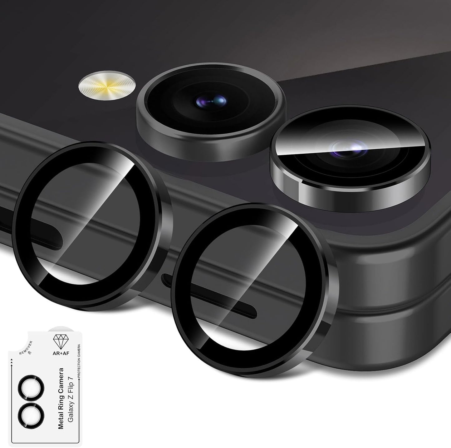 for Samsung Galaxy Z Flip 7 Camera Lens Protector, Individual Metal Ring Tempered Glass Lens Cover, [Strong Adsorption] Scratch Resistant Ultra-Thin HD Clear Lens Cover, 1 Set-Black Ring