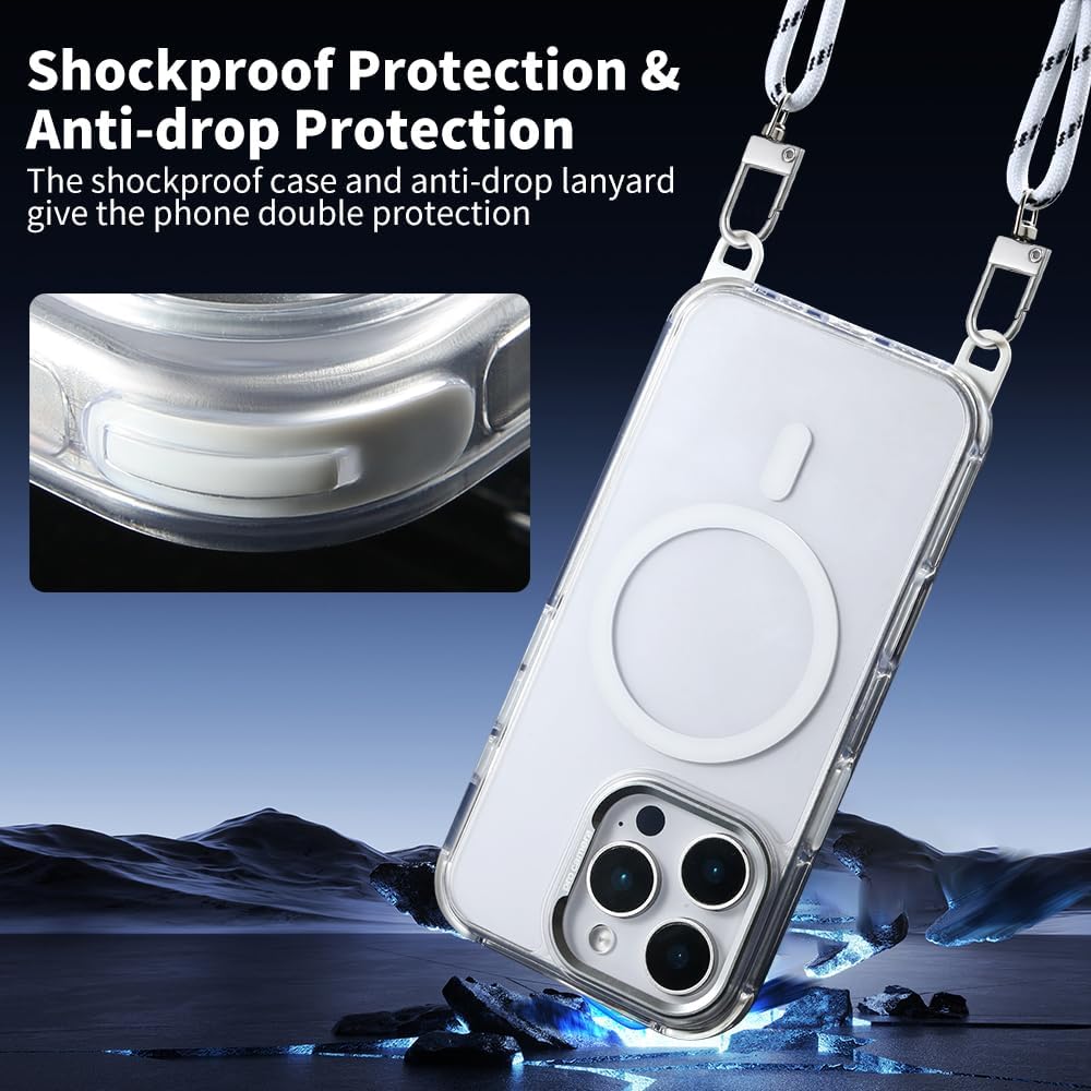 for iPhone 16 Pro Max Case with 62.99 inch Lanyard, Classic Clear&White Magnetic Phone Case, Drop&Shockproof Protection Cases, Phone Holder Lanyard, Compatible with Magnet Accessory