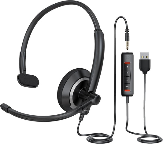 USB Headset with Microphone for PC - Lightweight Single-Ear Computer Headset, Crystal Clear Sound & Comfort Fit, Flexible Steel Headband (3.5mm+USB)