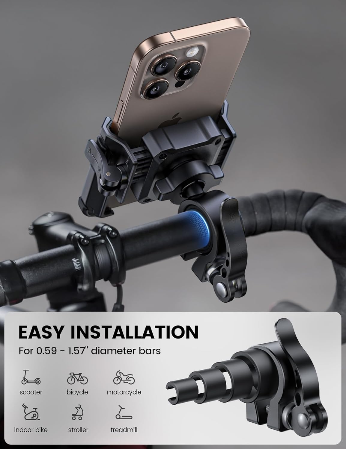 Lamicall Motorcycle Bike Phone Mount - [No Block Camera] [1s Lock] Bike Cell Phone Holder Clamp, Bicycle Scooter Handlebar Clip, for iPhone 16 15 14 Pro Max, Galaxy S25 S24 Ultra, 4.7-7" Phones"