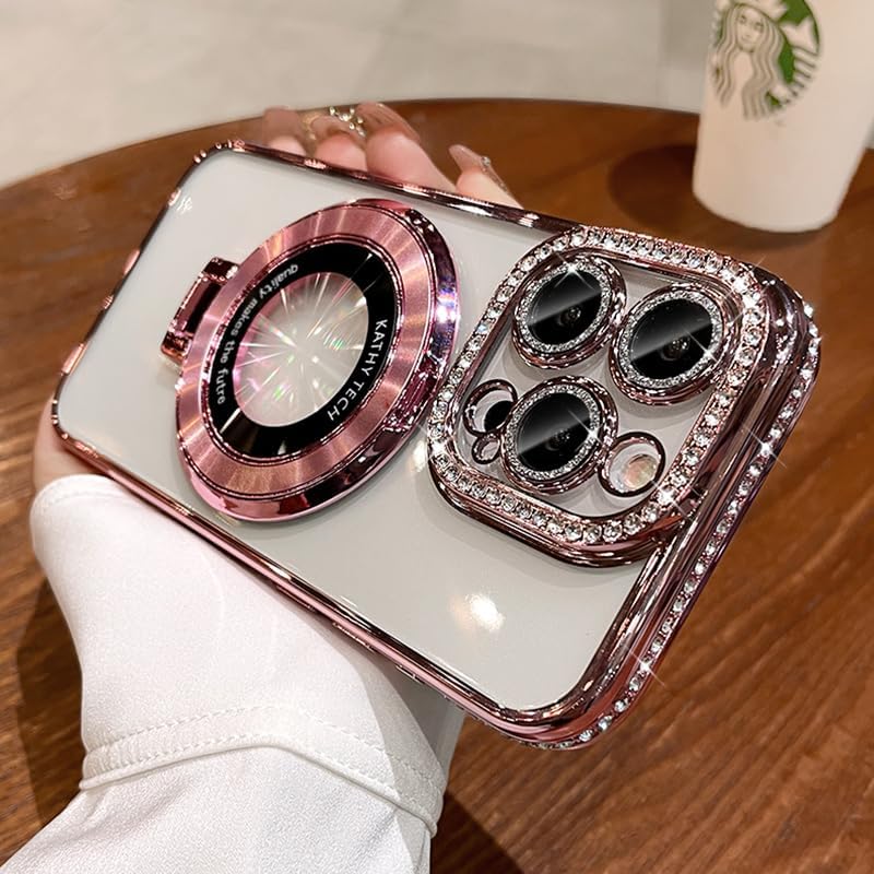 Magnetic Kickstand (Glitter Lens Protector ) Case for iPhone 15 14 13 12 Pro Max (Compatible with Magsafe ) Sparkling Diamond Cover Glitter Shiny Rhinestone Cases (Pink,for iPhone 12 Pro)