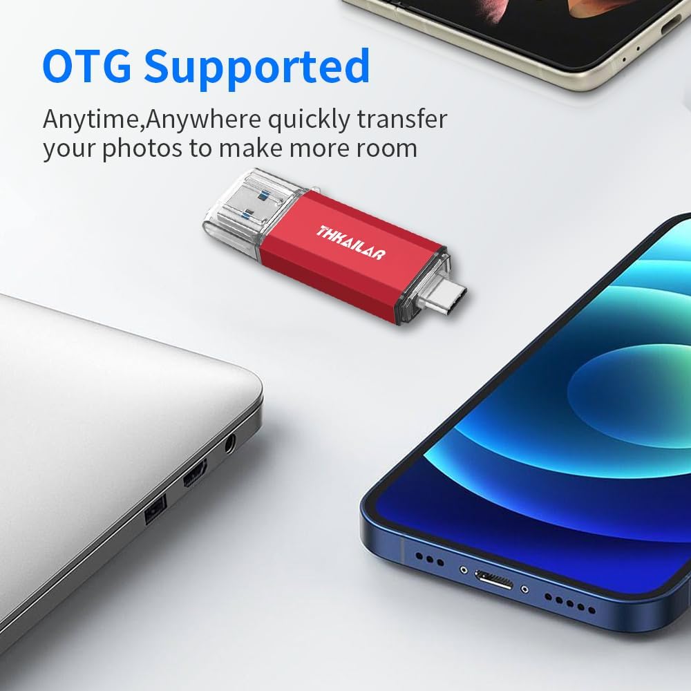Thkailar USB C Flash Drive 256GB,USB Flash Drive with Type C and Type A 3.1 Port Compatible with Android Phone,MacBook Pro,PC(Red)