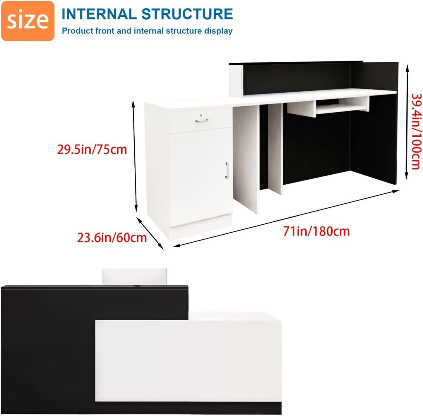 Reception Desk with Counter Modern Checkout Counter with Lockable Drawer Keyboard Tray Receptionist Desk for Office Salon Reception Table Q Left 71inch/180cm