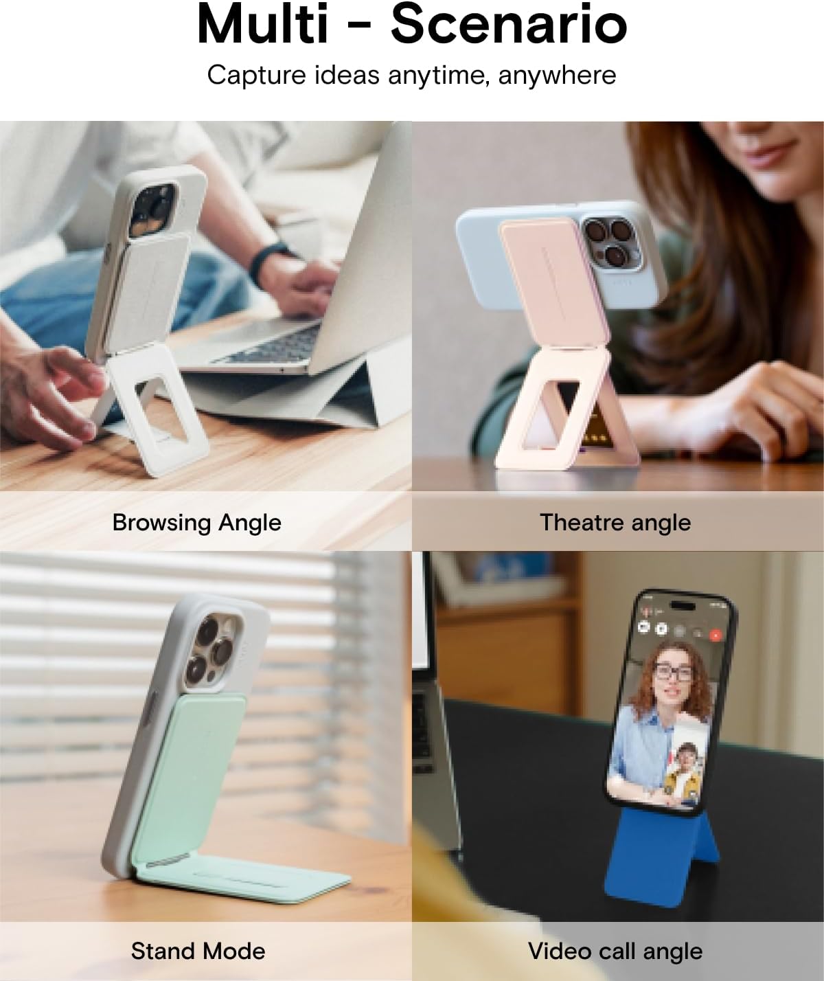 MOFT Phone Stand, Magnetic Phone Tripod Stand Stain-Resistant MOVAS Leather & Angle Adjustment & Strong Magnets Tripod for iPhone 16/15/14/13/12 (Included Metal Ring)-Sapphire