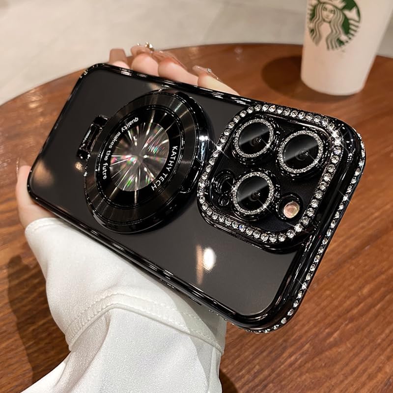 Magnetic Kickstand (Glitter Lens Protector ) Case for iPhone 15 14 13 12 Pro Max (Compatible with Magsafe ) Sparkling Diamond Cover Glitter Shiny Rhinestone Cases (Black,for iPhone 13 Pro)