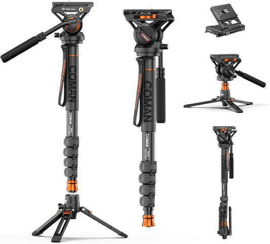 Professional Camera Monopod with Feet, 73.2 inch Aluminum Portable Travel Video Monopod with Removable Tripod Stand Base, Max Load 22 Lbs, New Q6 Fluid Head for DJI RS4 Manfrotto