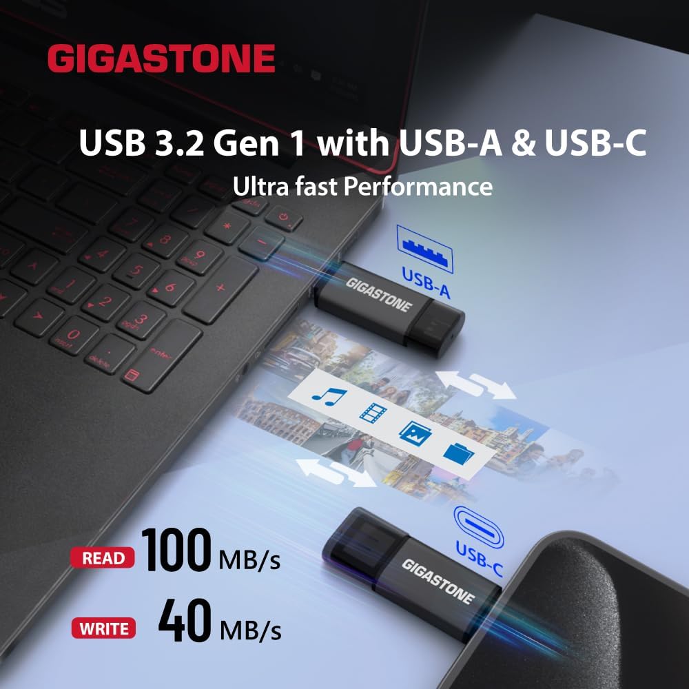 GIGASTONE 16GB Dual Flash Drive (2 Pack) Z40 USB 3.2 Gen 1, 2-in-1 Type-A & Type-C, 100MB/s Ultra Fast, Head Cap Design, Plug & Play for Smartphone/PC/Mac/TV/Car Audio, USB 2.0/3.0/3.1 Compatible