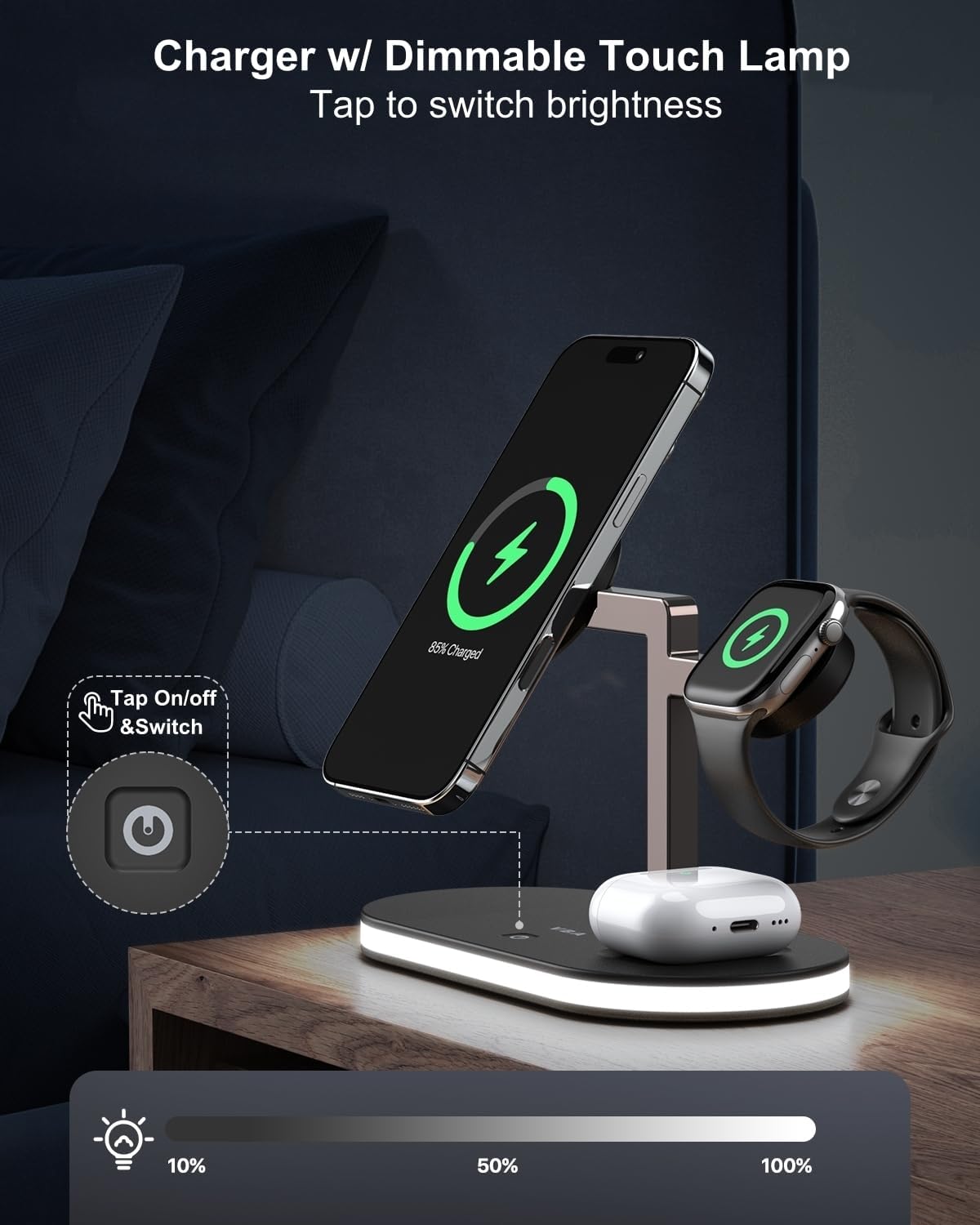 VBA 4 in 1 Wireless Charging Station for Apple MagSafe Charger,Fast Charging Magnetic Wireless Charger Stand with Night Light for iPhone 16 15 14 13 12 Series,Apple Watch,AirPods Pro 2 3 4 (Black)
