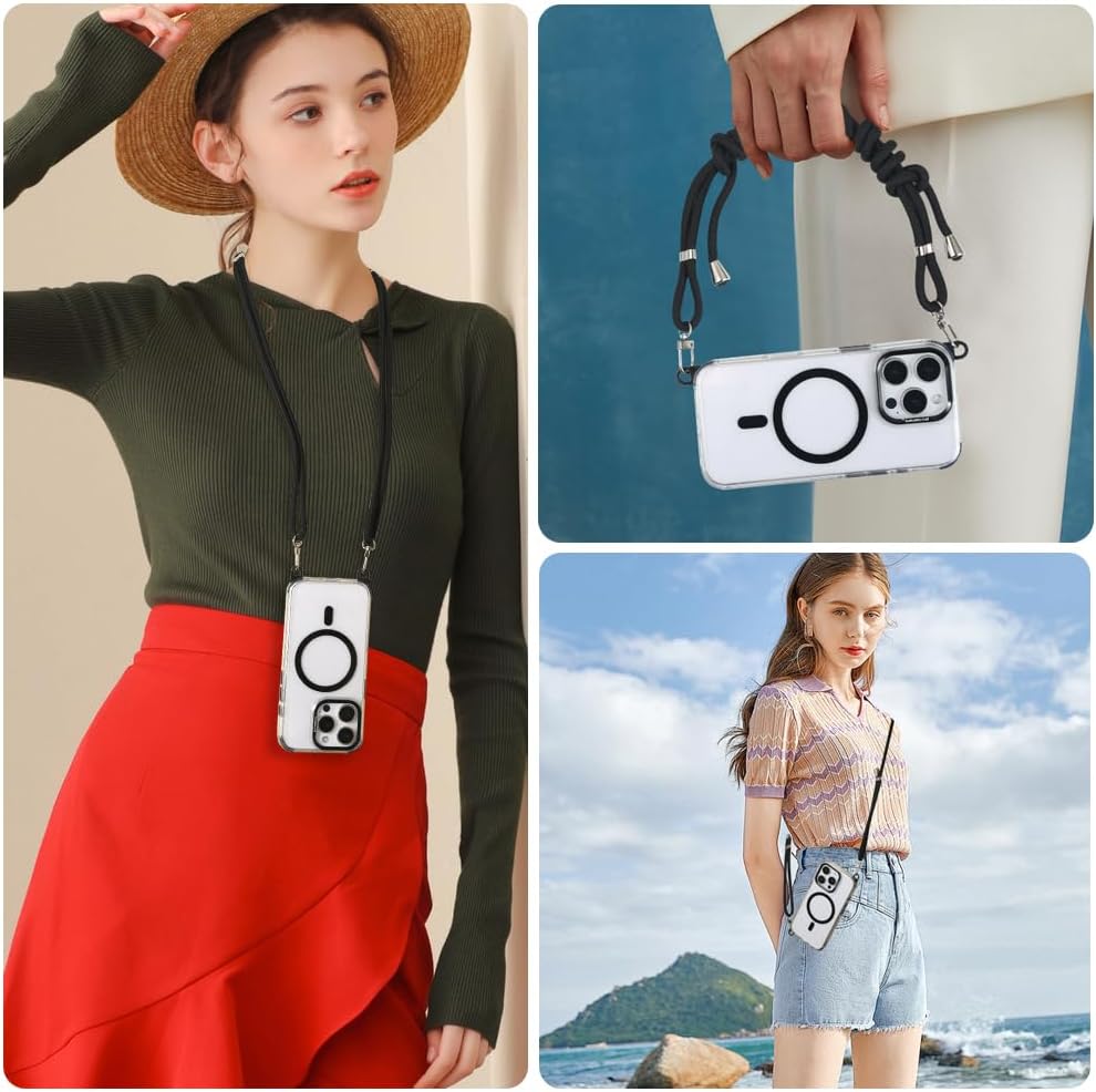 for iPhone 15 Pro Case with 62.99 inch Lanyard, Classic Clear&Black Magnetic Phone Case, Drop&Shockproof Protection Cases, Phone Lanyard for Around The Neck, Compatible with Magnet Accessory