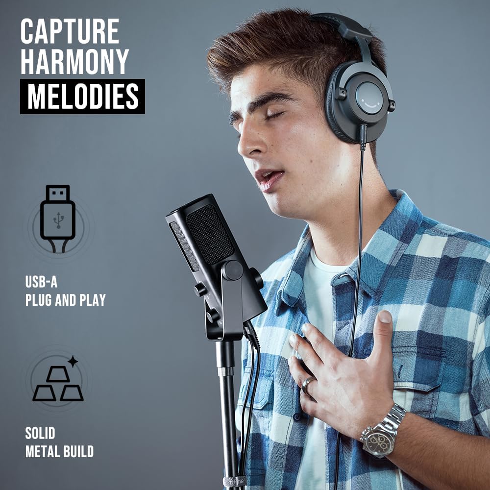 FIFINE USB-Podcast-Condenser-Microphone for Studio-Recording/Computer-Streaming, Desktop-Metal-Mic for YouTube Music Vocal Creation, with Monitor-Mix Volume-Control, Low-Cut Switch (PROFILE3)
