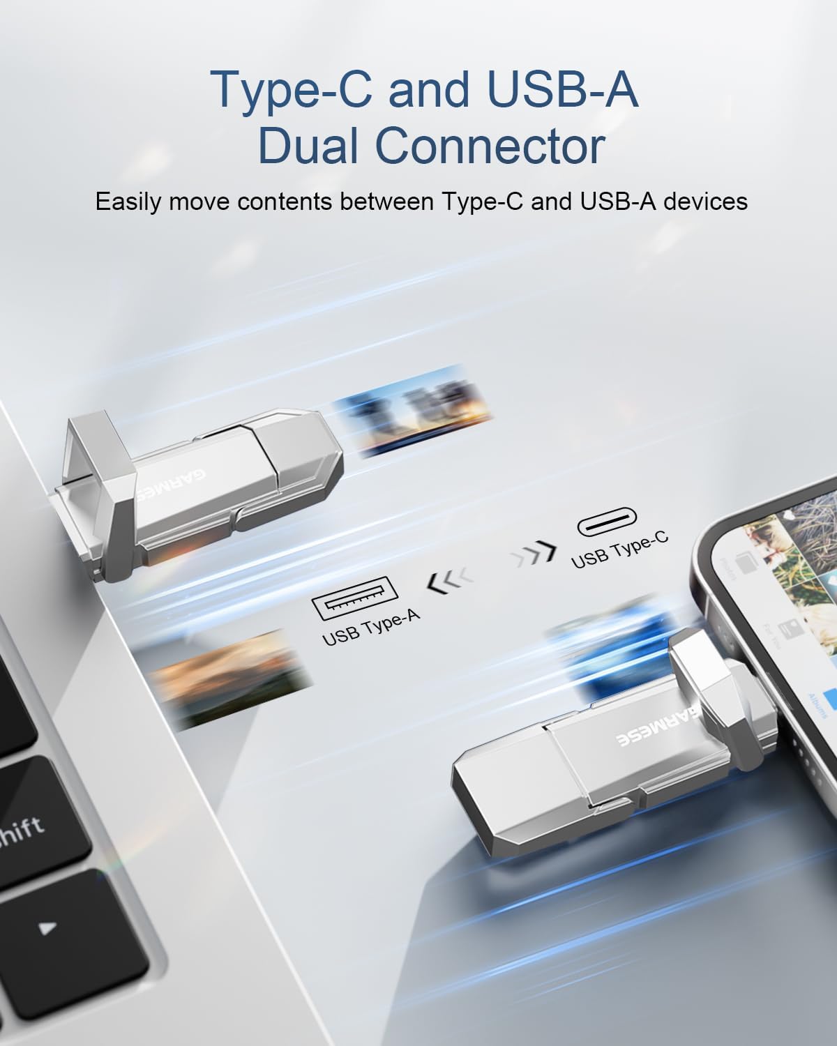 256GB USB C Flash Drive Up to 450MB/s USB 3.2 Solid State Thumb Drive Type-A + Type-C 2-in-1 Flash Drive Memory Stick Data Storage Compatible with Smartphone Tablet Computer Game Console