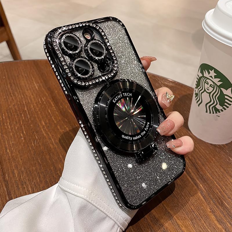 Magnetic Kickstand (Glitter Lens Protector ) Case for iPhone 16 15 14 13 Pro Max (Compatible with Magsafe ) Sparkling Diamond Cover Glitter Shiny Rhinestone Cases (Black,for iPhone 16 Plus)