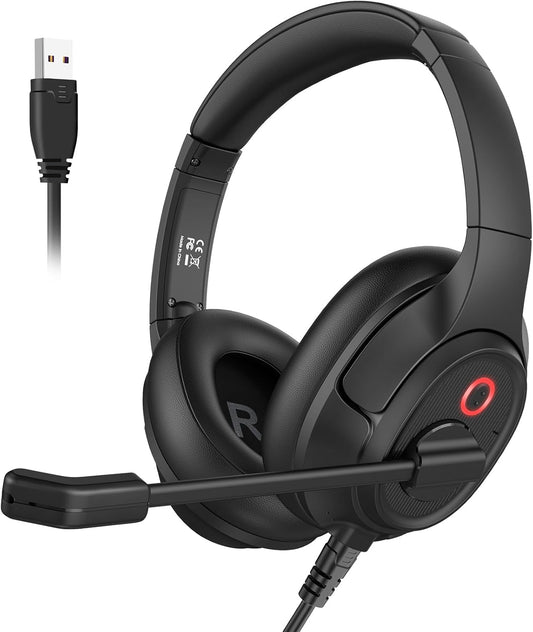 Headset with Microphone for PC, USB Computer Headsets AI-Powered Environmental Noise Cancelling Headphone with Busylight, Mic Mute Boom & Volume Control, Wired Over-Ear Headset for Laptop/Work/Office