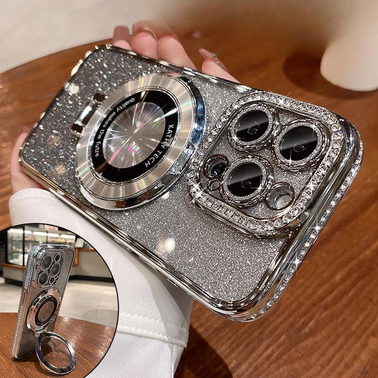 Magnetic Kickstand (Glitter Lens Protector ) Case for iPhone 15 14 13 12 Pro Max (Compatible with Magsafe ) Sparkling Diamond Cover Glitter Shiny Rhinestone Cases (Silver,for iPhone 12 Pro Max)