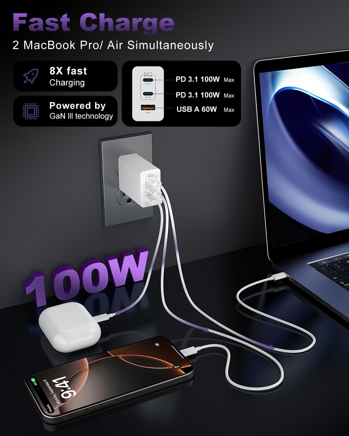 USB C Charger Block 100W, 3-Port GaN Super Fast Charger, Type C Wall Charger Adapter with 10ft USB C Charging Cable for MacBook Pro/Air,iPad Pro, iPhone 16/15Pro, S25/S24/S23 and More[2 Pack]