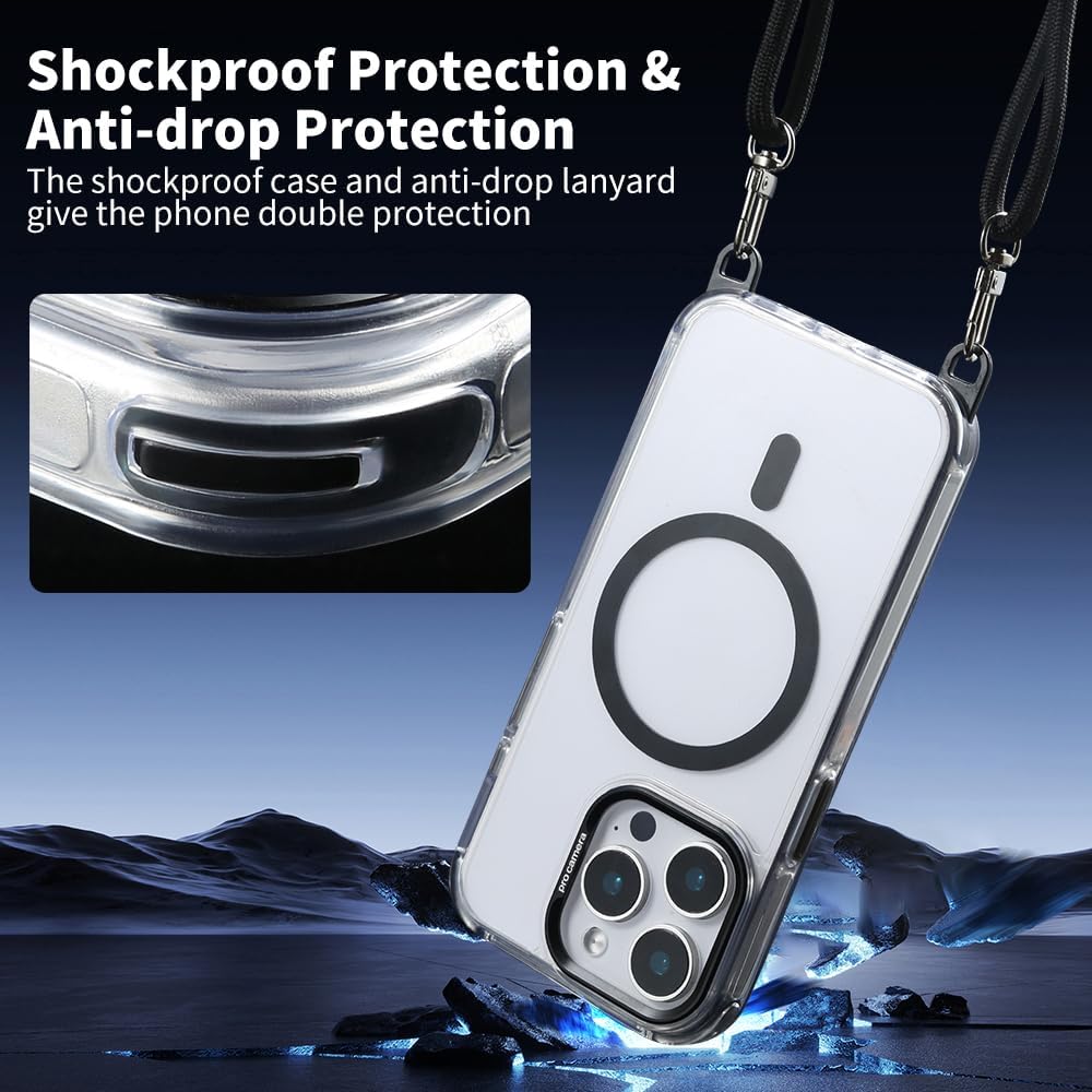 for iPhone 15 Pro Max Case with 62.99 inch Lanyard, Classic Clear&Black Magnetic Phone Case, Drop&Shockproof Protection Cases, Phone Holder Lanyard, Compatible with Magnet Accessory