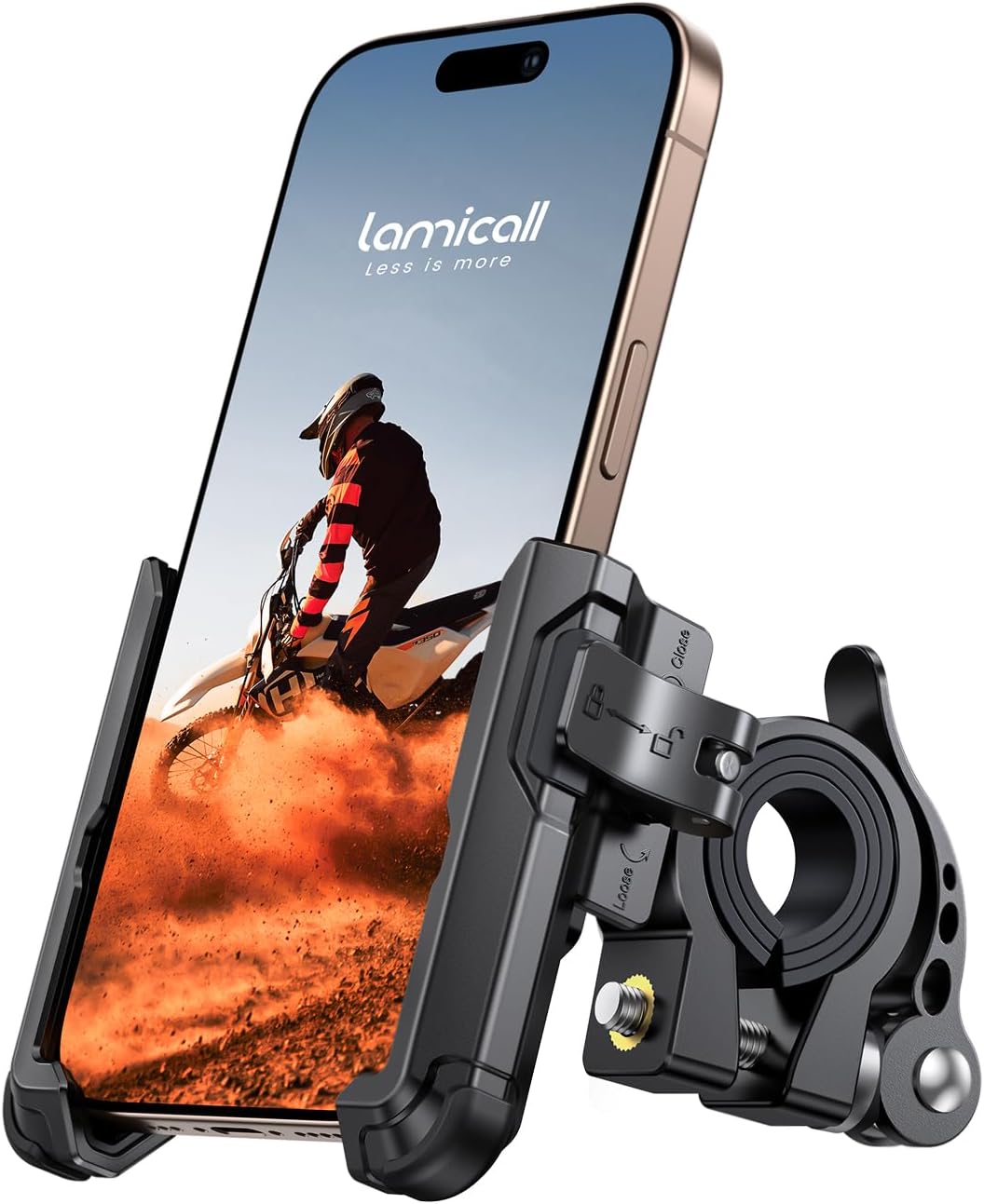 Lamicall Motorcycle Bike Phone Mount - [No Block Camera] [1s Lock] Bike Cell Phone Holder Clamp, Bicycle Scooter Handlebar Clip, for iPhone 16 15 14 Pro Max, Galaxy S25 S24 Ultra, 4.7-7" Phones"