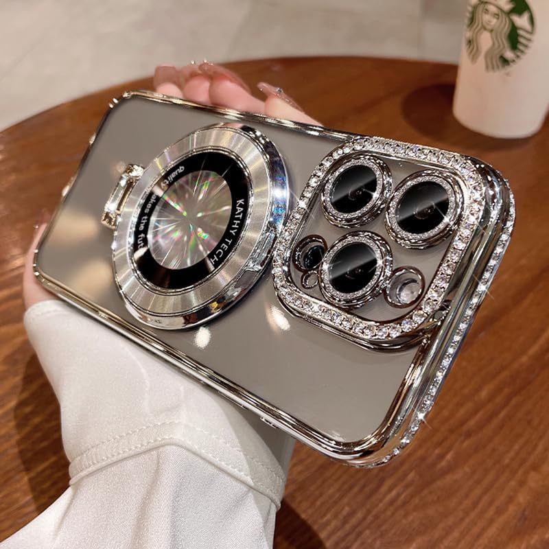 Magnetic Kickstand (Glitter Lens Protector ) Case for iPhone 15 14 13 12 Pro Max (Compatible with Magsafe ) Sparkling Diamond Cover Glitter Shiny Rhinestone Cases (Silver,for iPhone 13 Pro)
