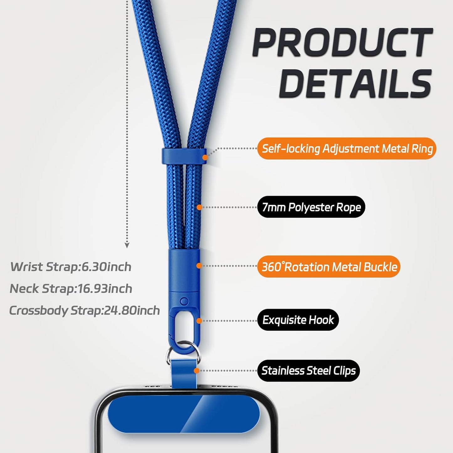 3 Pack Phone Lanyard,1×Phone crossbody strap,1×Phone Neck Strap,1×Wrist Strap,3×Tether Tabs,Universal Cell Phone Multifuctional Patch Polyester Lanyards(Blue)