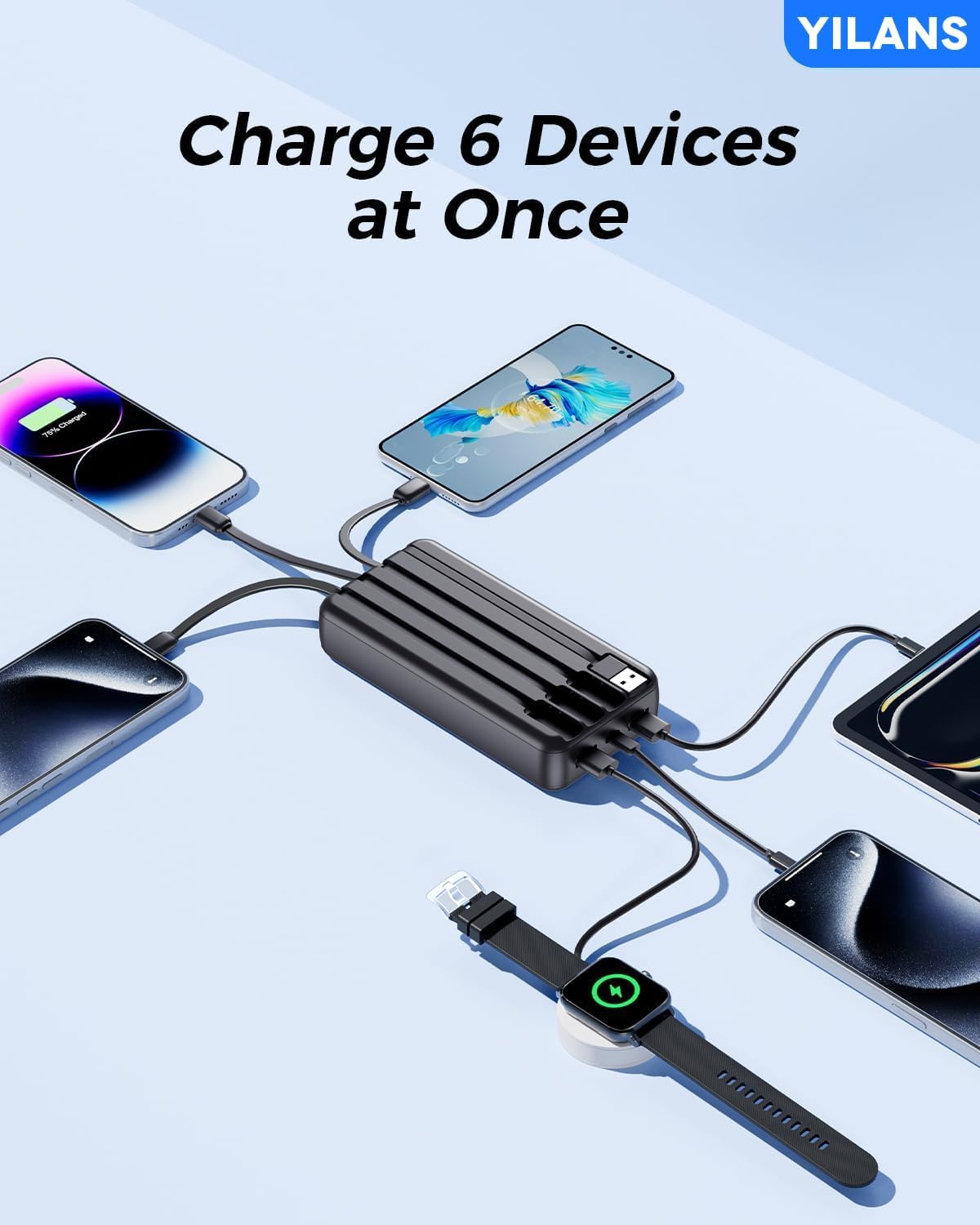 Portable Charger,42800mAh Power Bank Built-in Cable,22.5W PD USB C in & Out Fast Charging, External Battery Pack 6 Output & 2 Input, Travel Phone Charger for iPhone 16/15/14/13/12, Android (Black)