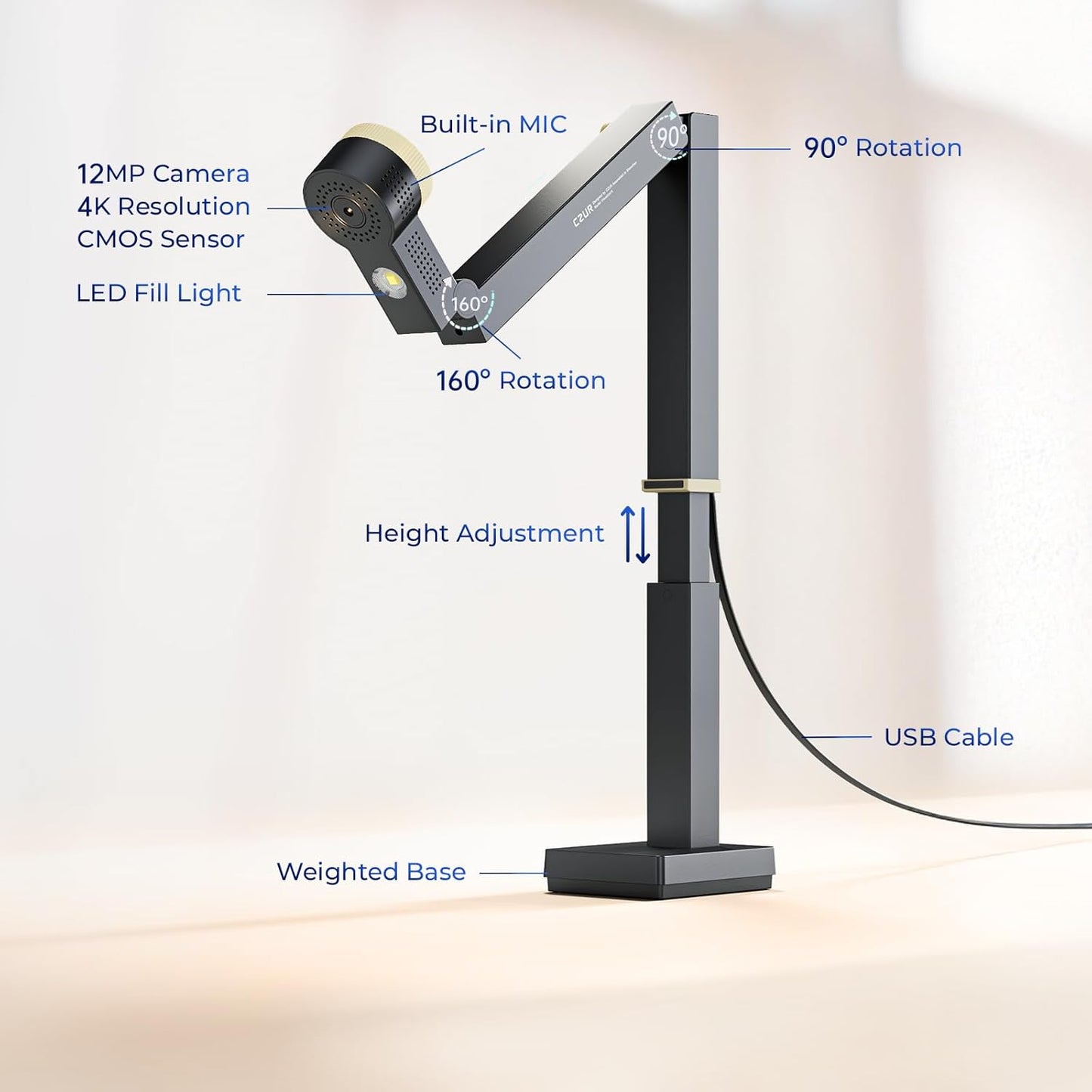 CZUR Fancy S Pro USB Document Camera for Teacher, 12MP 4K Webcam with Microphone and LED Light, Up to 60fps, Auto Focus, for Remote Teaching, Web Conference, for Mac and Windows, Black